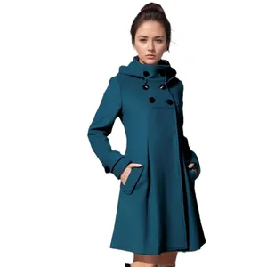 Elegant teal mid-length hooded wool coat for women with stylish double-breasted buttons