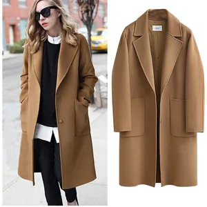 Elegant long camel wool coat for women, perfect for autumn and winter outdoor style
