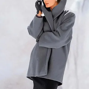 Elegant grey oversized hooded wool coat for women in autumn and winter
