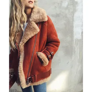 Stylish rust-orange women's suede biker jacket with warm beige faux shearling lining