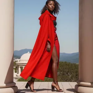 Elegant red hooded long cape cloak for women made of premium wool fabric for outdoors