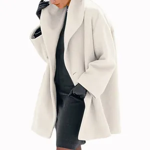 Elegant women's oversized shawl collar wool coat in creamy white
