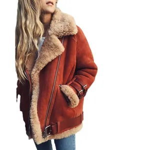 Stylish women's warm faux suede shearling aviator jacket with belt buckles in burnt orange