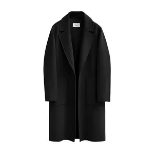 Elegant black long double-faced wool coat with notched lapels and loose fit style