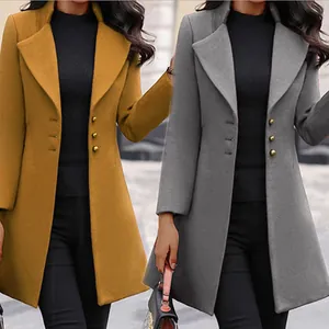 Comparison view of slim-fit wool coats in mustard yellow and charcoal grey.