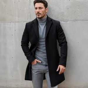 Elegant British style men's mid-long woolen overcoat with turtleneck for winter