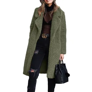 Cozy women's army green sherpa teddy coat with long sleeves and elegant lapel collar