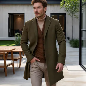 Detailed shot of a men's olive green wool trench coat with a modern British style