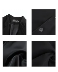Detailed close-ups of black wool coat showing collar tag, button, and fabric texture