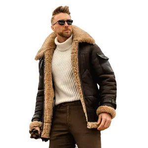 Elegante giacca invernale da uomo in finta pelle marrone con fodera in shearling