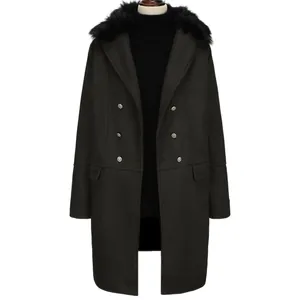 Close-up of men's double-breasted wool coat with luxurious black fur collar