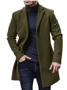 Detailed view of men's olive green mid-length wool overcoat in British style.