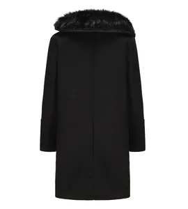 Detailed back view of men's casual black woolen coat with a large faux fur collar