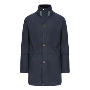Front view of stylish navy blue men's mid-length winter overcoat on white background