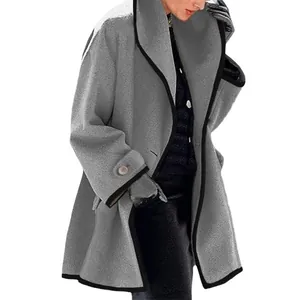 Élégant manteau en laine gris surdimensionné pour femme avec garniture et revers noirs chic