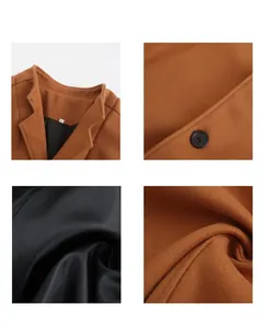 Details of men's slim fit brown wool coat showing collar, button, lining, and fabric texture