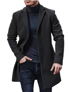 Detailed view of the premium black woollen mid-length overcoat in classic British style