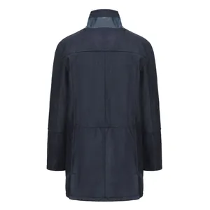 Back view of a men's navy blue mid-length wool blend coat with a sleek stand collar.