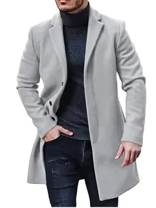 Close-up of a stylish men's grey mid-length wool overcoat with premium fabric texture