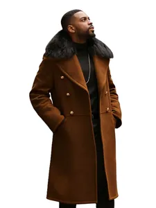 Detail view showing luxury large black faux fur collar on men's brown wool coat