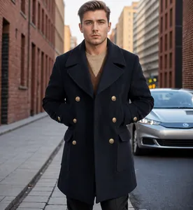 Stylish men's navy blue wool pea coat with gold buttons in urban street setting