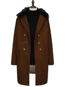 Men's warm brown wool coat with large black faux fur collar and double-breasted buttons.