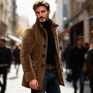 Male model wearing a vintage brown corduroy lapel coat on a blurred city street.