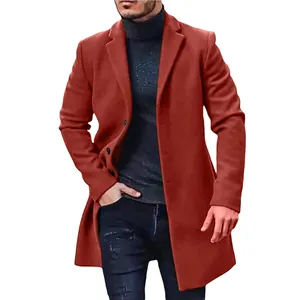 Detail of men's rust red wool overcoat with lapel collar and single-breasted design.