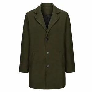 Classic men's olive green wool overcoat with three buttons and lapel collar detail.