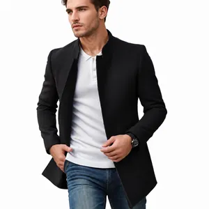 Elegant black slim fit wool overcoat for men featuring a minimalist stand collar design