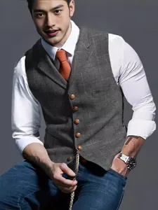 Gilet ajusté à carreaux gris pour hommes avec boutonnage simple et col en V
