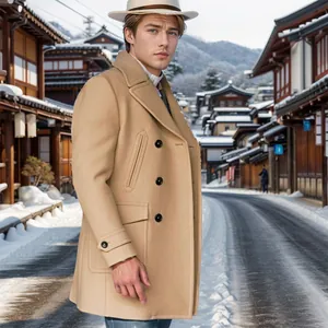 Men's British Style Long Sleeve Overcoat Double Breasted Thick Warm Woolen Mix Mid-Length Trench Coat Fall Winter Outerwear Top