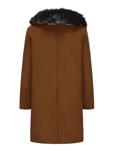 Back view of brown woolen coat featuring a thick black faux fur collar detail