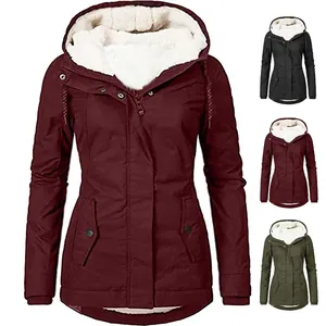 Full view of women's hooded mid-length parka with fleece lining in multiple colors