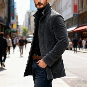 Men's casual grey corduroy jacket with lapel and button details in street setting
