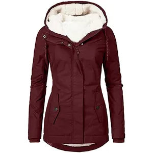 Stylish women's mid-length winter parka with sherpa-lined hood in burgundy red
