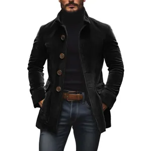 Detailed view of men's black corduroy blazer featuring large buttons and a lapel collar
