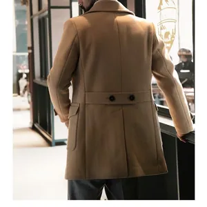 Detailed back view of a classic British style camel wool overcoat for men's winter fashion.