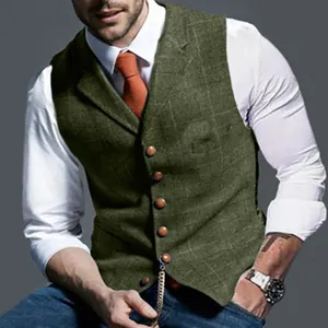 Gilet Slim Fit à Carreaux pour Hommes en Polyester Imprimé Boutonnage Simple Col à Revers Business Décontracté Style Britannique
