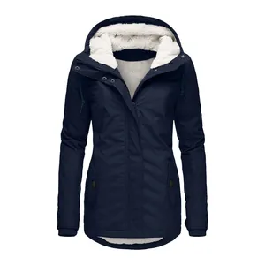 Women's navy blue mid-length hooded parka jacket with warm white fleece lining for winter