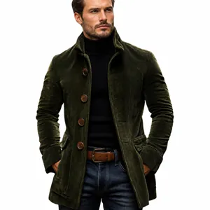 Macro detail of high-quality olive green corduroy jacket with textured button pockets