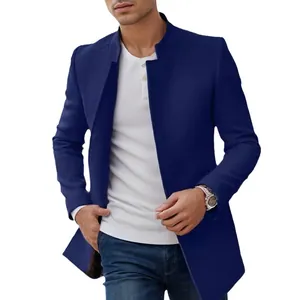 Elegant men's slim fit navy blue wool blend coat with stand collar for autumn winter
