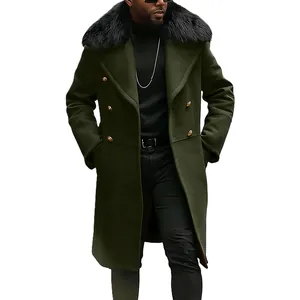 Detail of men's dark green double-breasted wool coat with a large black faux fur collar.