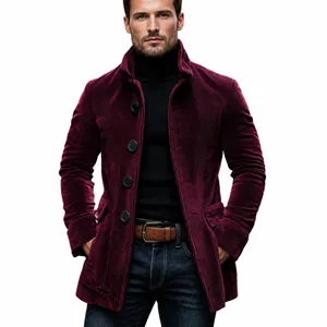 Detailed view of a stylish men's burgundy corduroy blazer jacket with lapels and dark buttons
