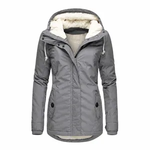 Warm women's grey winter parka jacket with thick white sherpa lining and adjustable hood
