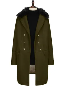Men's olive green wool coat with black fur collar and double-breasted buttons