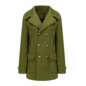 Detail view of an olive green double-breasted men's wool coat with gold-tone buttons