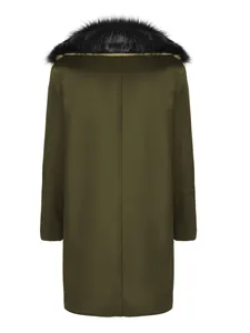 Rear view of men's olive green woolen coat featuring a large black faux fur collar