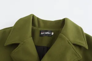 Close-up detail of the collar and brand label on a stylish green wool overcoat for men.