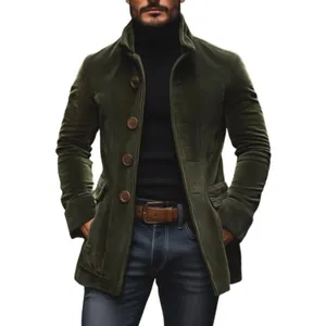 Fashionable men's olive green corduroy blazer jacket with lapels and button closure